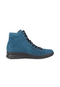 Hochschnittige Sneaker aus blauen Wildleder, mit schwarzen Schnürsenkeln, einer strukturierten Sohle und einem eleganten Design mit abgerundetem Zehenbereich.