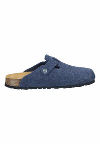 Blue felt clog with cork insole, adjustable strap, and black rubber outsole. Rounded toe and flat heel design.