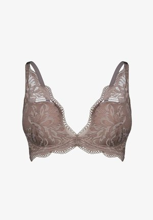 Koronkowy biustonosz w kolorze taupe z kwiatowymi wzorami, falistymi krawędziami, półprzezroczystą tkaniną, regulowanymi ramiączkami i fiszbinami.