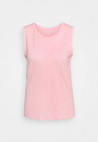 Rosa ärmlös T-shirt i mjukt, lätt tyg. Har rund halsringning och spetsdetaljer längs axelkanten.