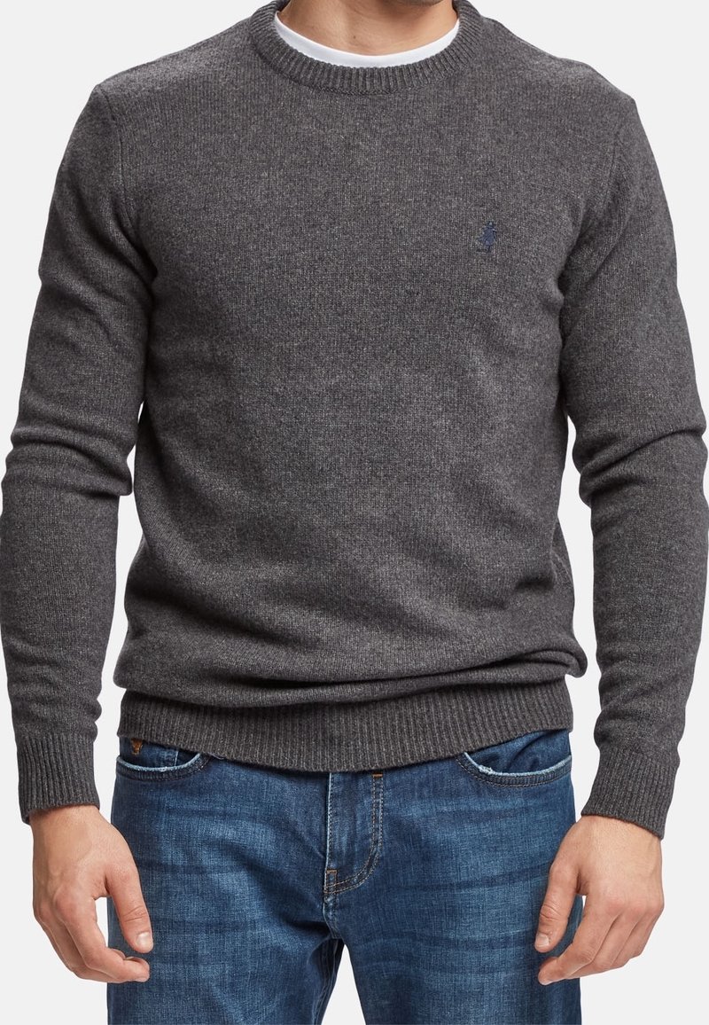 Homme portant un pull ras du cou en maille gris foncé par-dessus un t-shirt blanc avec un jean bleu, debout devant un fond uni.