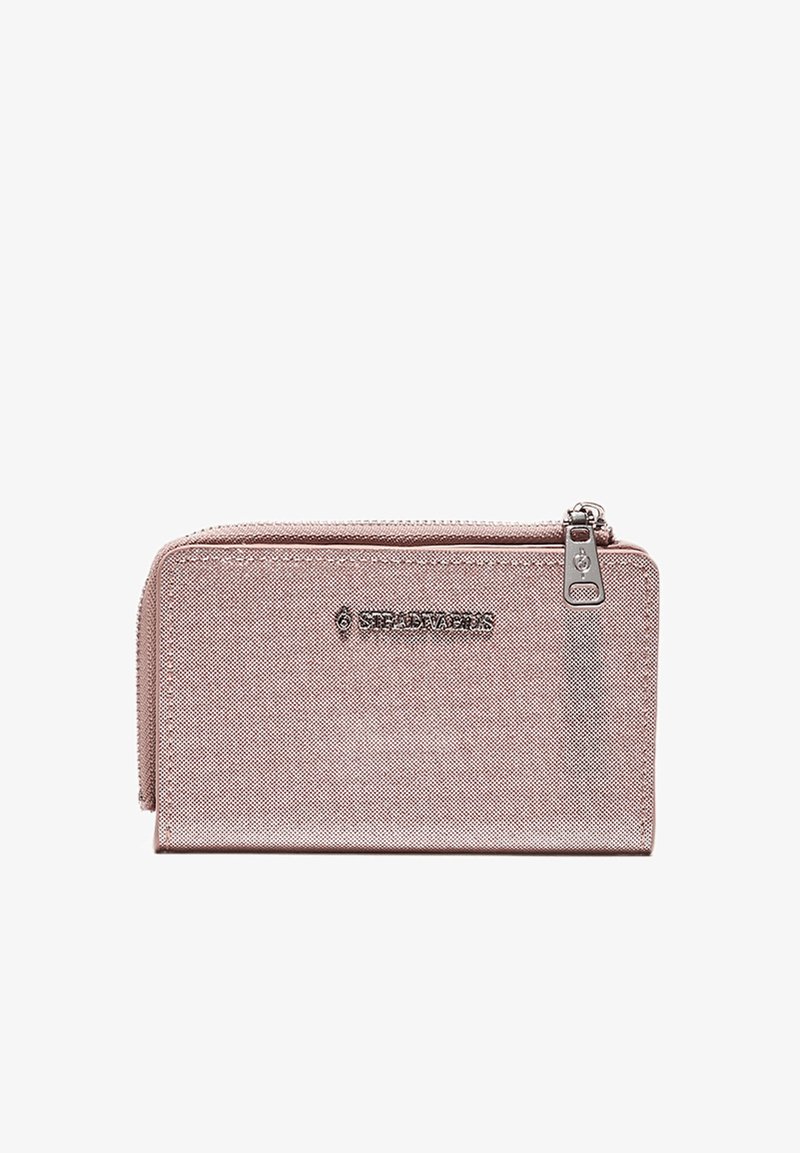 Portefeuille compact en tissu rose avec fermeture éclair en métal et logo Steadwerks embossé sur le devant.