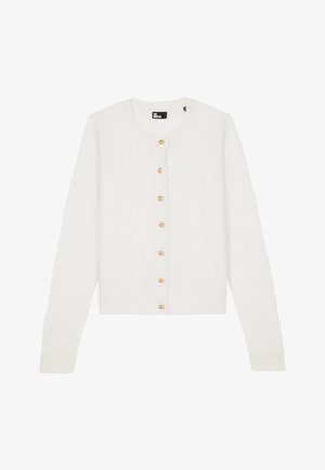 Cardigan blanc en tissu tricoté doux, avec un col rond, des manches longues, une patte de boutonnage festonnée et des boutons dorés.