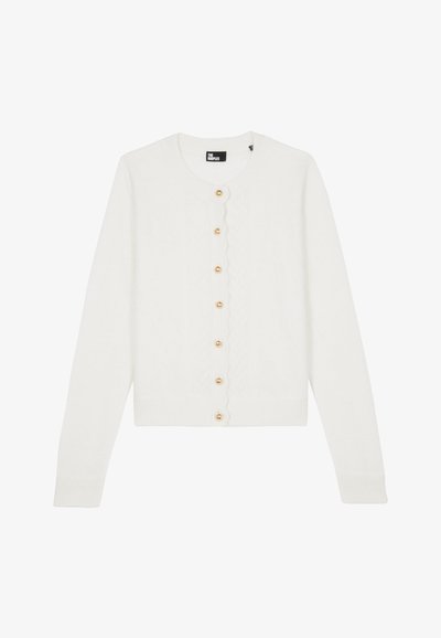 Hvid cardigan lavet af blødt strikstof med rund halsudskæring, lange ærmer, bølget knapstolpe og guldknapper.