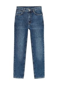 Jean en denim bleu à coupe droite, cinq poches, et fermeture classique par bouton et fermeture éclair. Motif de décoloration légère sur toute la surface.