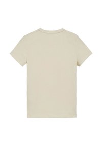 T-shirt beige a maniche corte. Presenta un collo rotondo, orlo dritto e una texture in cotone liscia. Nessuna grafica o decorazione visibile.