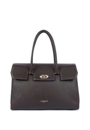 Sac à main en cuir marron foncé avec doubles poignées, fermoir doré et logo "Lancaster Paris" au centre devant.