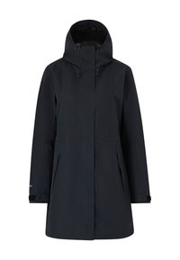 Giacca nera impermeabile con colletto alto, zip e chiusura a scatto. Presenta due tasche laterali e polsini regolabili.