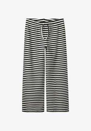 Černobílé proužkované kalhoty vyrobené z žebrované tkaniny, s širokým střihem nohavic a nastavitelným stahovacím pasem.