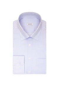 Jasnoniebieska, w kratkę, koszula z rozkloszowanym kołnierzykiem, listwą na guziki oraz mankietami zapinanymi na jeden guzik. Wykonana z bawełny o gładkiej fakturze.