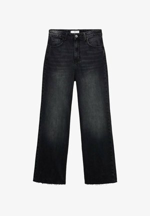 Zwarte denim wijde broek met hoge taille, voorzien van vijf zakken en een ruwe zoom. Stof is zacht met een subtiele vervaging.