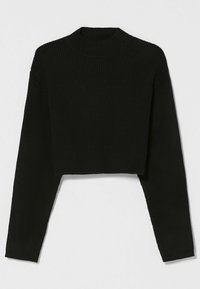 Svart cropped tröja med ribbat mönster, långa ärmar och rund halsringning. Materialet verkar mjukt och något stretchigt.