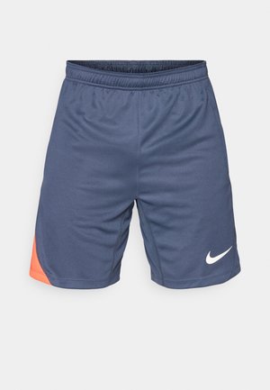 Navy blue athletic shorts with an orange accent on the left side. Made of lightweight fabric with an elastic waistband and a logo in white.