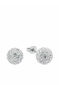 Pendientes de botón redondos de plata adornados con múltiples cristales transparentes brillantes, uno mostrando la parte trasera con un cierre a presión.
