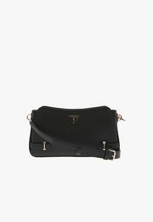 Borsa nera textured con logo a triangolo e hardware dorato. Presenta una tracolla removibile e un design elegante e strutturato.