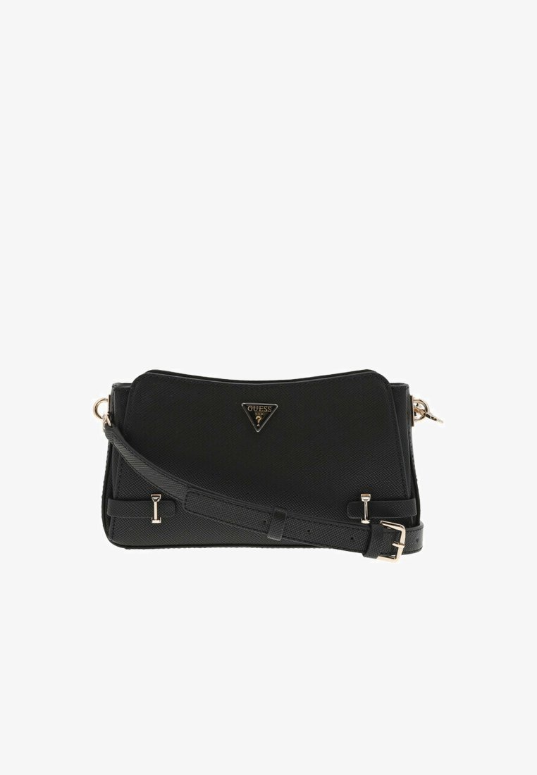 Borsa nera textured con logo a triangolo e hardware dorato. Presenta una tracolla removibile e un design elegante e strutturato.