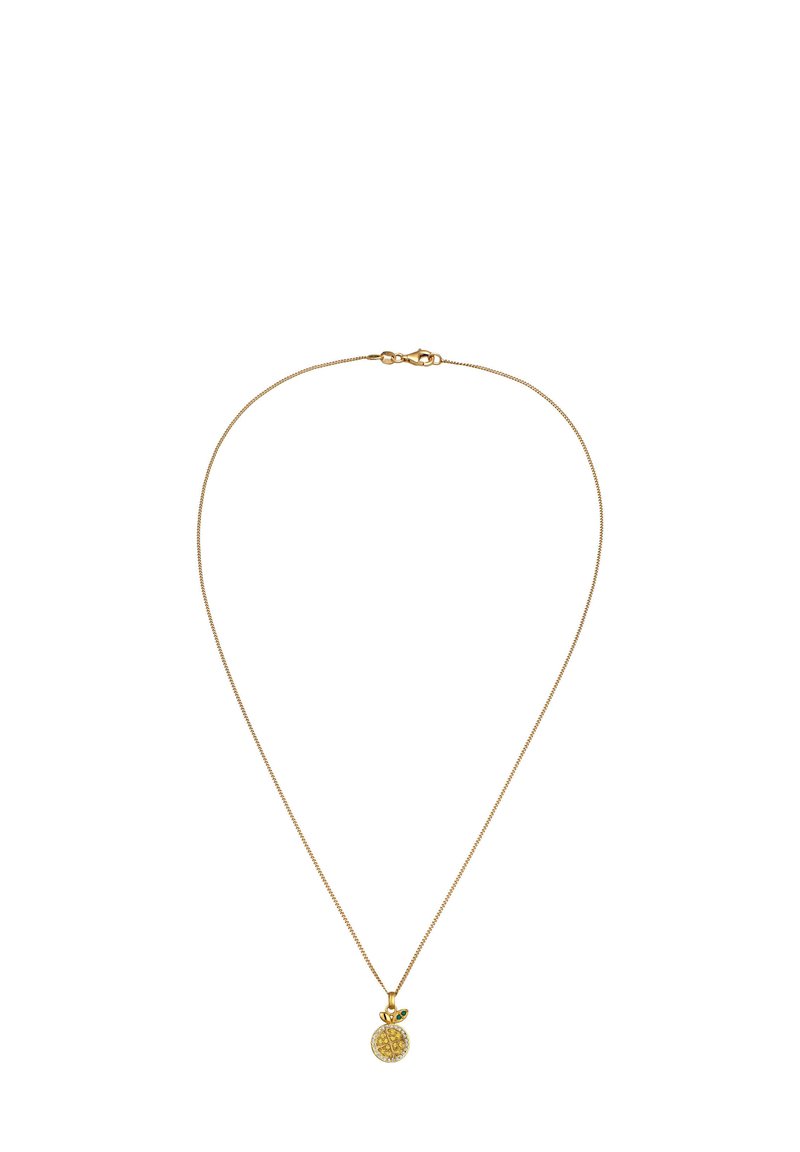 Goldene Halskette mit einer dünnen Kette, die einen runden Anhänger in Form einer Ananas mit gelben und grünen Akzenten ziert.