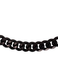 Collana in metallo nero con catena caratterizzata da anelli intrecciati con un design leggermente curvo, che presenta una superficie liscia e lucida.