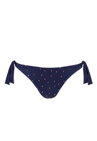 Niebieskie majtki bikini w złote kropki, z wiązaniami po bokach. Gładki, elastyczny materiał.