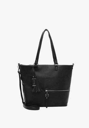 Black leather tote bag with two top handles, adjustable shoulder strap, zippered pocket, and tassel detail. Smooth texture, minimal design.