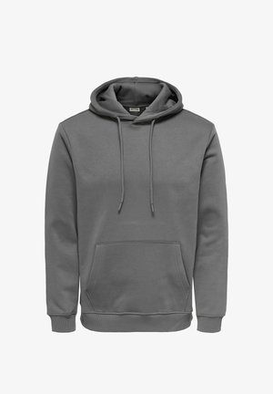 Pelēks sporta džemperis ar kapuci, priekšā kangaroo kabata, auklas kapuci un ribotām aprocēm un apakšu, attēlots uz baltas virsmas.