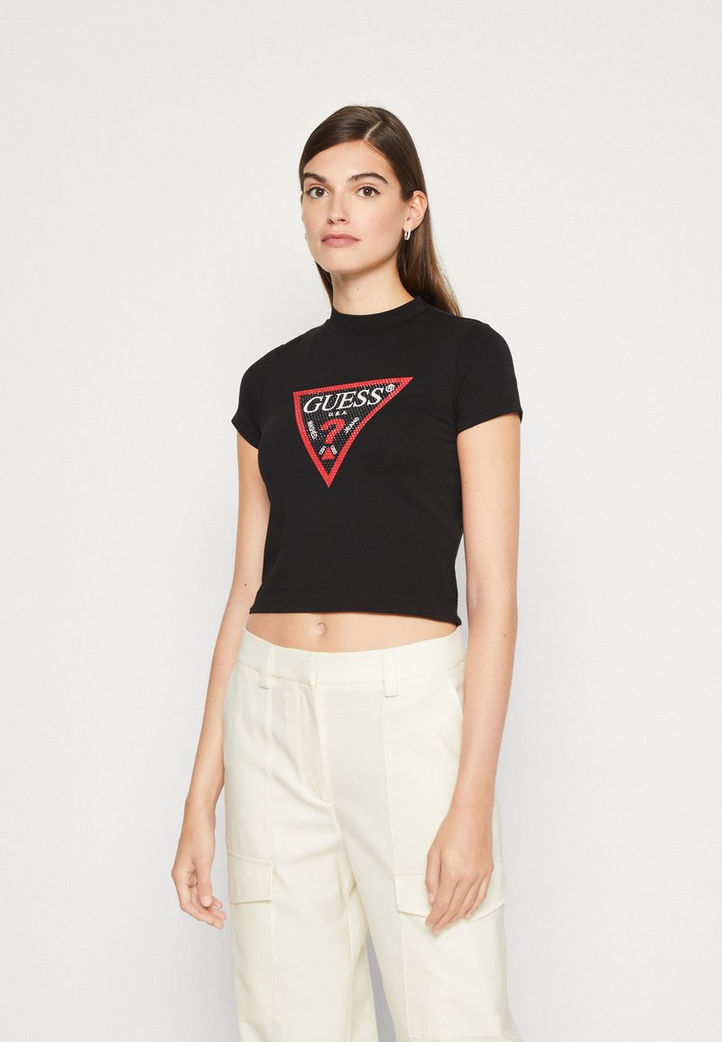 Guess TRIANGLE STRASS - Triko s potiskem - jet black