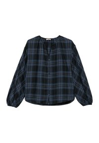 Koszula w kratę w kolorze ciemnoniebieskim i czarnym, z zapięciem na guziki, luźnym krojem oraz obszernymi, długimi rękawami ze ściągaczem przy dekolcie.