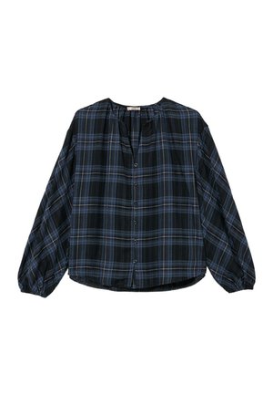 Geruite blouse in donkerblauw en zwart, met een knoopsluiting aan de voorkant, een losse pasvorm en volumineuze lange mouwen met een geraffineerde halslijn.