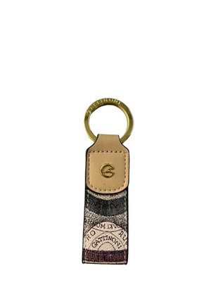Portachiavi in pelle e tessuto con anello dorato e logo Gattinoni impresso sulla linguetta in pelle e sull'anello dorato.