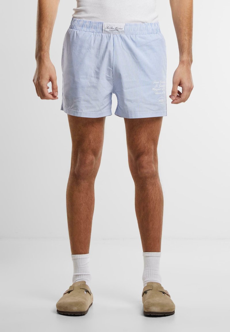 Shorts de bain rayés bleu clair avec une taille élastique, ornés d'un logo blanc et d'un fit décontracté, fabriqués en tissu doux.