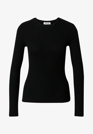 Zwarte lange mouwen top van ribstof. Beschikt over een ronde halslijn en een aansluitend ontwerp, met een gladde textuur door het geheel.