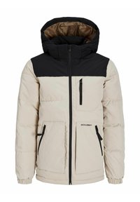 Puffa jakas bēšā krāsā ar melniem akcentiem, ar kapuci, priekšējiem rāvējslēdzējiem un divām priekšējām kabatām. Tekstūrēts audums ar kvadrātveida dizainu.