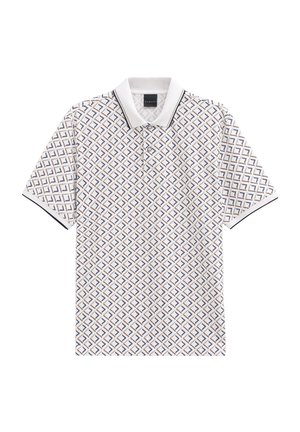 Short-sleeve polo shirt in white with a geometric pattern in blue and tan. Features a white collar and contrasting trim on sleeves.