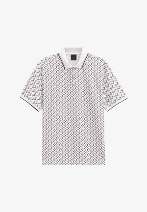 Short-sleeve polo shirt in white with a geometric pattern in blue and tan. Features a white collar and contrasting trim on sleeves.