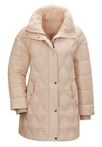 Gepolsterter Steppmantel in hellbeige, mit hohem Kragen, Druckknöpfen, zwei seitlichen Taschen und gerippten Ärmelbündchen.