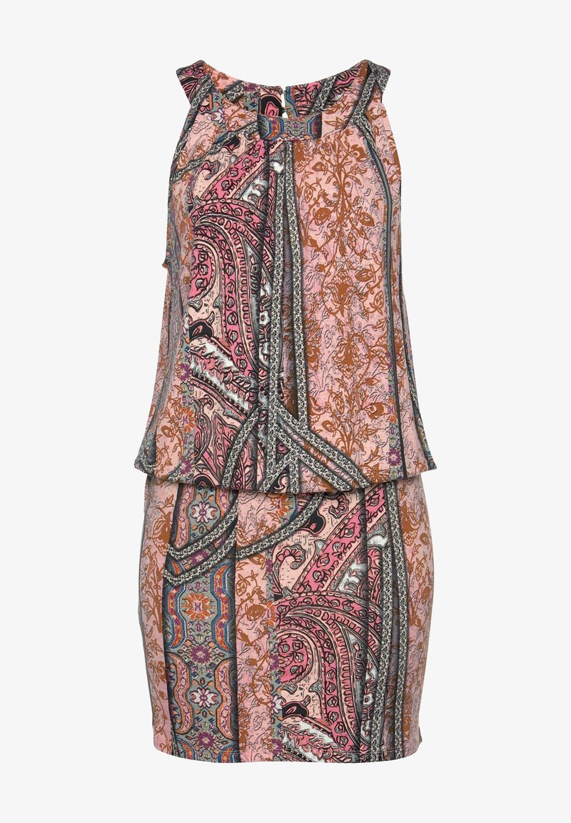 Haljina bez rukava s višeslojnim dizajnom. Sadrži uzorak u pink, smeđoj i plavoj boji s detaljima u paisley stilu te vezivanje na izrezu.