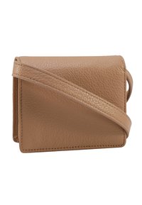 Borsa a tracolla in pelle tan con superficie testurizzata, forma strutturata, patta pieghevole e tracolla sottile e regolabile. Caratterizzato da un design minimalista.