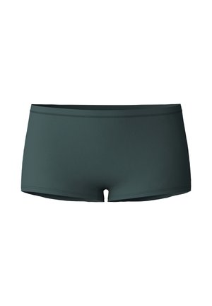 Shorts de bain vert foncé avec une texture lisse, longueur mi-cuisse et coutures horizontales discrètes à la taille pour un détail supplémentaire.