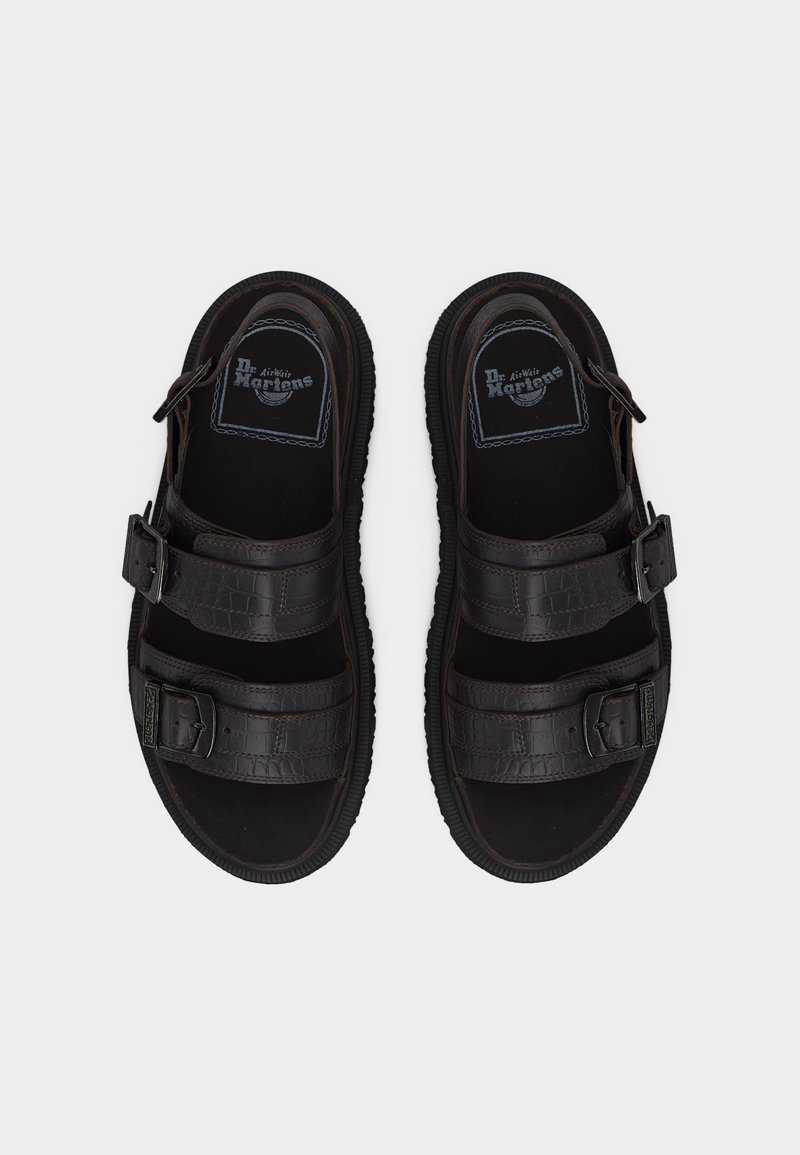 Black Dr. Martens sandals with two adjustable buckled straps and thick soles, shown from top view on a white background.