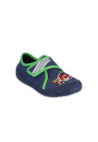 Marineblaue Segelschuhe mit grünen Akzenten und einem Klettverschluss; verfügen über ein Design mit einem roten Feuerwehrauto und einer strukturierten Gummisohle für besseren Halt.