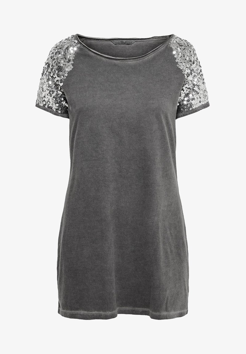 Chemise manches courtes gris foncé avec encolure ronde et ornements en sequins argentés sur les deux manches.