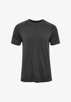 Zwart atletisch T-shirt met korte mouwen, gemaakt van glad, lichtgewicht materiaal met een ronde hals en een subtiel logo op de onderste zoom.