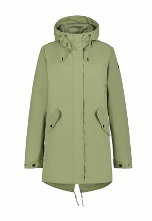 Vaaleanvihreä parkatakki, jossa on huppu, etuvetoketju, kaksi sivutaskua, säädettävä kiristysnyöri vyötäröllä ja nepparikiinnitteiset hihansuut.