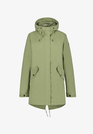 Vaaleanvihreä parkatakki, jossa on huppu, etuvetoketju, kaksi sivutaskua, säädettävä kiristysnyöri vyötäröllä ja nepparikiinnitteiset hihansuut.