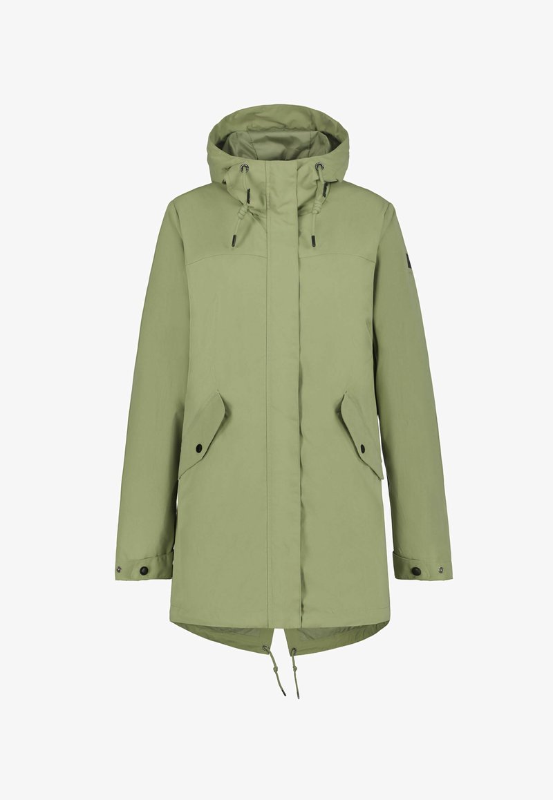 Hellgrüne Parkajacke mit Kapuze, vorn mit Reißverschluss, zwei Seitentaschen, verstellbarem Kordelzug in der Taille und Druckknopfmanschetten.