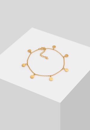 Gold chain bracelet featuring five round, textured discs evenly spaced along the chain. Includes an adjustable clasp for varying sizes.