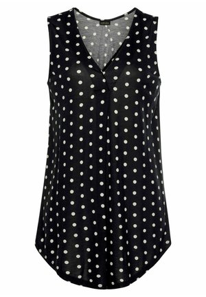 Sort ærmeløs bluse med hvide polkaprikkker, V-udskæring og let buet kant.