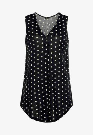 Czarna, bezrękawnikowa bluzka w białe groszki, z dekoltem w serek i lekko zaokrąglonym dołem.