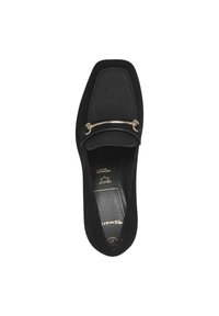 Mocassini neri con punta quadrata, tomaia in suede, pannello in tessuto texturizzato e accento in hardware dorato. Taglia 37 indicata sulla soletta.