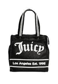 Svart vävd tote-väska med en vit "Juicy"-logotyp. Har randiga handtag och en dragkedjeslutning. Inklusive detalj av "Los Angeles Est. 1995".